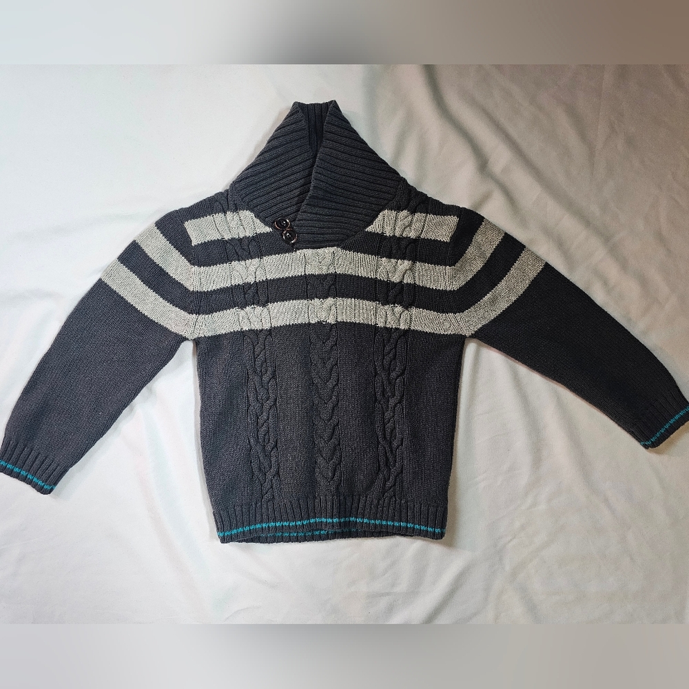 Boys Gray Cable Knit Striped Sweater With Elbow Patches- Cherokee 5T